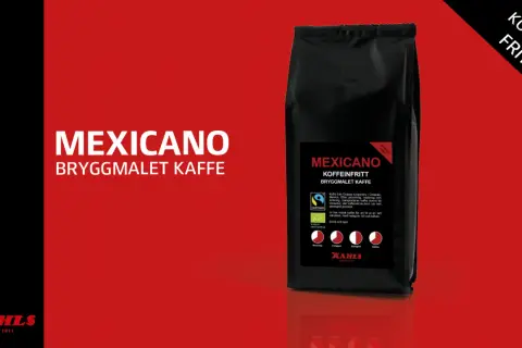 Svart påse med "MEXICANO KOFFEINFRITT BRYGGMALET KAFFE". Texten "KOFFEIN-FRITT" syns tydligt. Frågan om hur mycket koffein i koffeinfritt kaffe besvaras av att detta kaffe är koffeinfritt.
