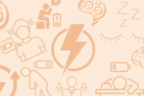 Ilustracja przedstawia różne obszary życia, gdzie ludzie są wyczerpani, z niskim poziomem baterii, symbolizującym brak energii.