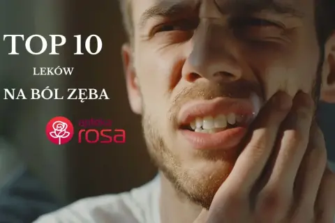 Mężczyzna cierpi na ból zęba. Na ekranie widnieje napis "TOP 10 leków na ból zęba" oraz logo "apteka rosa".
