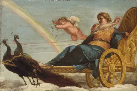Hera gudinna i sin gyllene vagn dragen av påfåglar, med en putto som kastar blommor.