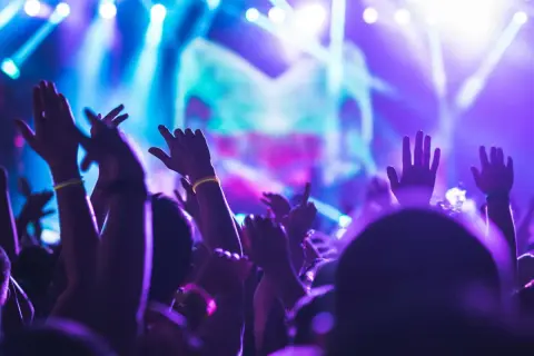Mani alzate in un'atmosfera elettrica durante un rave party in Francia. Luci viola e blu illuminano la folla in estasi.
