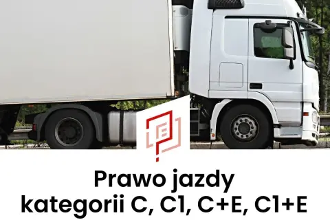 Biała ciężarówka z naczepą. Logo i tekst: Prawo jazdy kategorii C, C1, C+E, C1+E.
