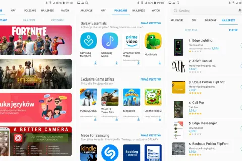 Ekran sklepu z aplikacjami z grami Fortnite i PUBG, aplikacjami do nauki języków i aparatu.