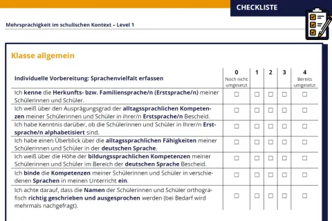 Checkliste zur Erfassung der Sprachenvielfalt im Unterricht. Hilft bei der individuellen Vorbereitung und der schreibkonferenz.