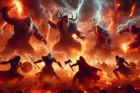 Wojownicy walczą w ogniu i błyskawicach, przygotowując się do ostatecznej bitwy, która zapowiada Ragnarok.