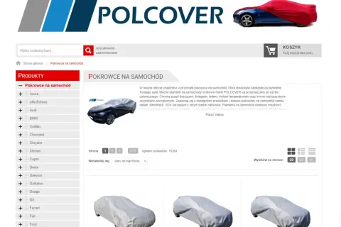 Emblemat POLCOVER na stronie z pokrowcami na samochody. Znajdziesz tu plandeki na auta różnych marek.