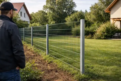 Mann inspiziert einen frisch installierten Metallzaun. Ein Projekt, um den eigenen zaun selber bauen, ist hier gut sichtbar.