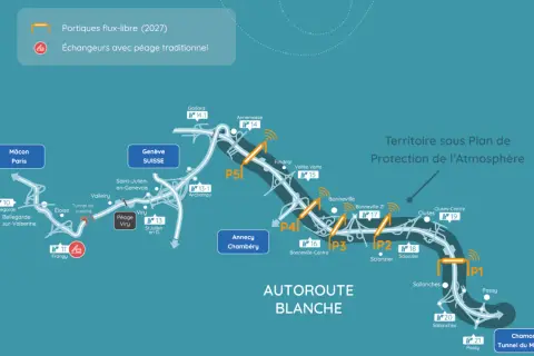 Carte de l'autoroute Blanche en France, montrant les péages traditionnels et les portiques de péage en flux libre prévus pour 2027.