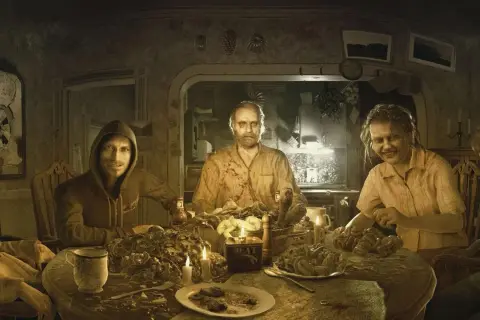 Rodzina Bakerów przy stole, kluczowa scena z gry Resident Evil 7 fabuła. Groza i makabra w wiejskiej posiadłości.