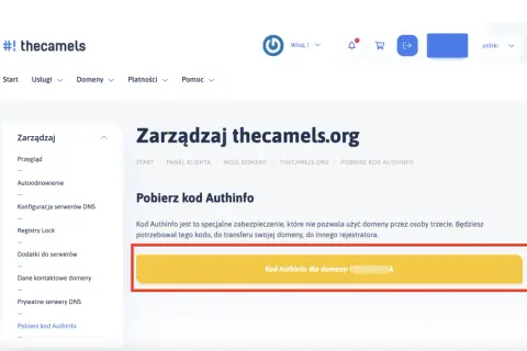 Pobieranie kodu Authinfo dla domeny thecamels.org. Ten kod jest niezbędny do transferu domeny.