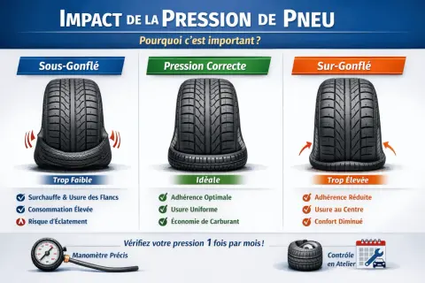 Comparaison de la pression pneu : sous-gonflé, correcte et sur-gonflé. Une pression adéquate assure adhérence, usure uniforme et économie de carburant. Vérifiez votre pression !