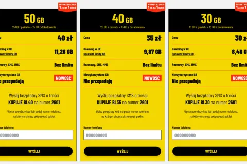 Trzy pakiety internetowe: 50 GB za 40 zł, 40 GB za 35 zł i 30 GB za 30 zł. Każdy play pakiet s oferuje nielimitowane rozmowy, SMS, MMS i niewykorzystane GB nie przepadają.