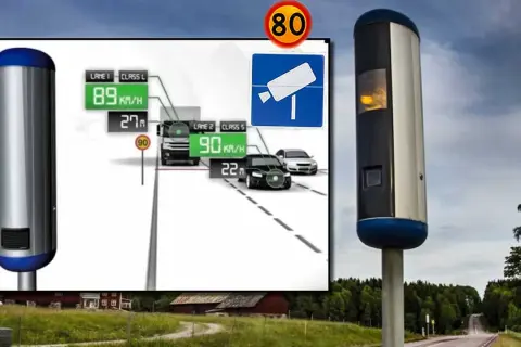 En fartkamera visar hastigheter och avstånd för fordon. En illustration visar hur fartkameran mäter hastighet och avstånd.