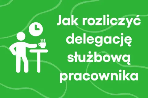 Jak rozliczyć delegację służbową pracownika? Ikona zegara i pracownika przy stoliku z kawą.