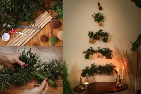 DIY julgrans inspo: gröna grenar, träpinnar och fluffiga bollar skapar en unik vägggran.