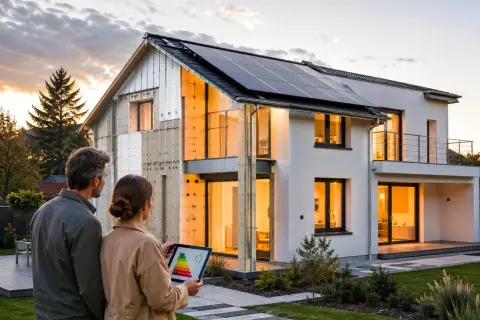 Coppia valuta l'efficienza energetica di una casa con pannelli solari, pensando all'obbligo cappotto termico 2030.