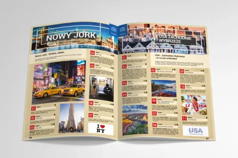 Otwarta broszura z mapami i zdjęciami Nowego Jorku i Zachodniego Wybrzeża USA.