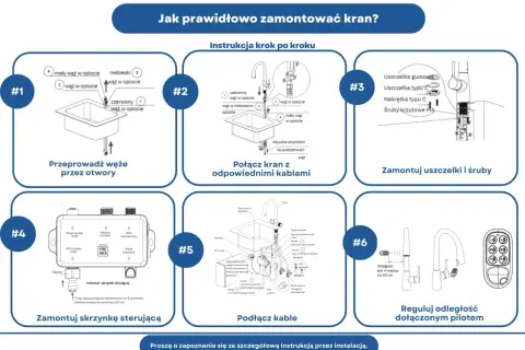Instrukcja krok po kroku: jak działa kran. Schemat montażu i podłączenia elementów, w tym węży, uszczelek, śrub i skrzynki sterującej.