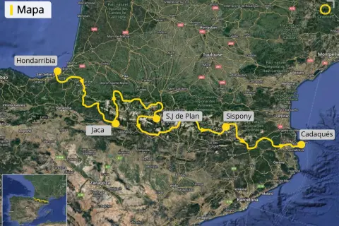 Mapa de la ruta transpirenaica, con puntos clave como Hondarribia, Jaca, S.J de Plan, Sispony y Cadaqués.