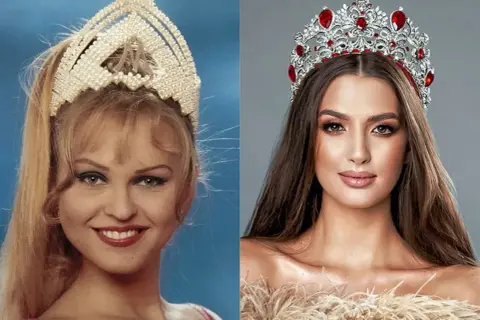 Dwie Miss Polski w koronach: jedna z lat 90. z blond włosami, druga współczesna z ciemnymi włosami i rubinową tiarą.