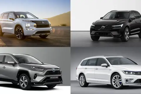 Fyra modeller av bra hybridbilar: Mitsubishi Outlander, Volvo XC60, Toyota RAV4 och Volkswagen Passat.