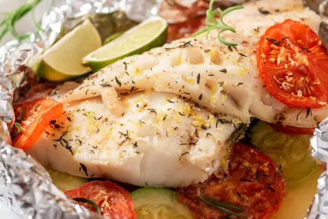 Poisson en papillote savoureux, avec tomates, courgettes, citron vert et romarin, le tout emballé dans du papier aluminium.