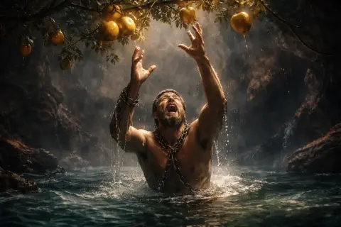 L'homme enchaîné dans l'eau, tendant les mains vers les fruits dorés, incarne le supplice de Tantale.