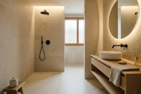 Un baño moderno con ducha empotrada, lavabo sobre mueble de madera y espejo circular iluminado, evocando la serenidad de los baños japoneses.