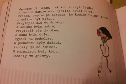 Zabawne rymowanki dla dorosłych o kocie, kocicy i pijanym doktorze. Ilustracja przedstawia doktora z wąsami i fajką.