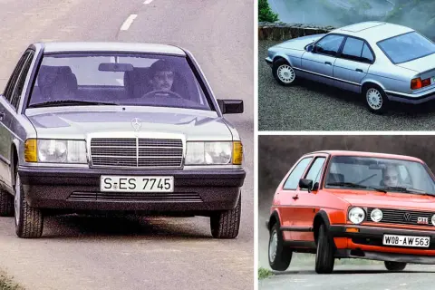 En samling ikoniska 80 tals bilar: en silverfärgad Mercedes-Benz 190E, en ljusblå BMW 5-serie och en orange VW Golf GTI.