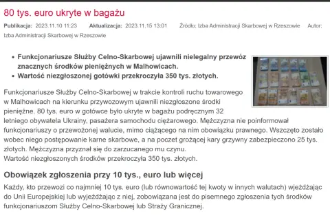 Przewóz 80 tys. euro ukrytych w bagażu. Od 10 tys. euro obowiązuje zgłoszenie.