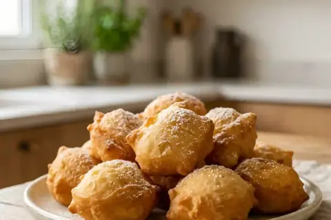 Une pile de pâte à beignets dorée et saupoudrée de sucre glace, prête à être dégustée.