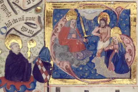 Buchmalerei Mittelalter: Gottvater mit Schwert, Jesus, Maria und ein Mönch mit Bischof.