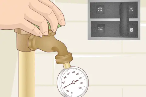 Mano girando la llave de paso con un manómetro y un interruptor de circuito regular presostato.