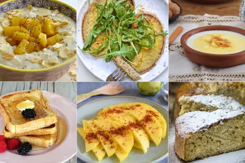 Variedad de recetas para merendar: avena con mango, tostadas francesas, mango en rodajas, pastel de manzana y más.