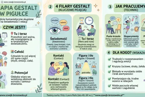 Grafika przedstawia kluczowe elementy terapii Gestalt: świadomość, kontakt, figurę i tło, a także techniki pracy, jak puste krzesło.
