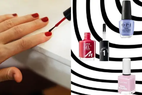 Dłoń maluje paznokcie czerwonym lakierem. Obok buteleczki lakierów: Manhattan Super Gel, OPI Nail Lacquer, Inglot Playinn. Szukasz lakieru do paznokci trwałego jak hybryda?