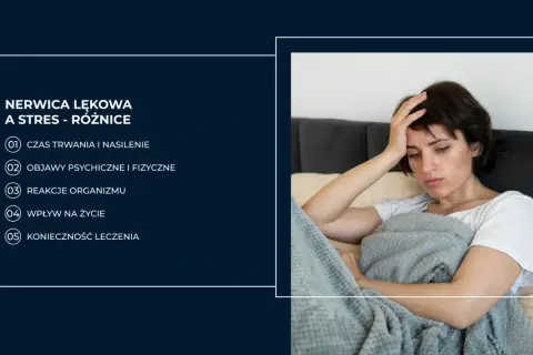 Kobieta z bólem głowy, otoczona kocem, symbolizuje trudności związane z nerwicą lękową. Dowiedz się, jak leczyć nerwicę lękową.
