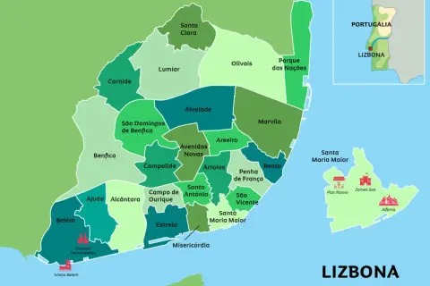 Mapa administracyjna Lizbony, stolicy Portugalii, z zaznaczonymi dzielnicami i zabytkami, jak Klasztor Hieronimitów.