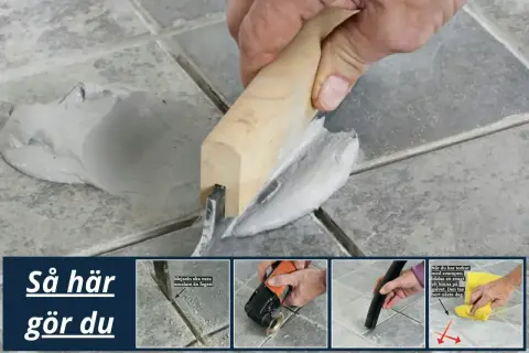 Foga om badrummet med fogmassa och verktyg. Bilden visar hur man applicerar fogmassan i fogarna mellan kakelplattorna.