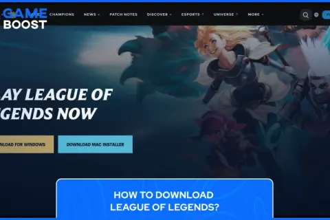 Postać Lux i Ekko z League of Legends na tle gry, przyciski pobierania.