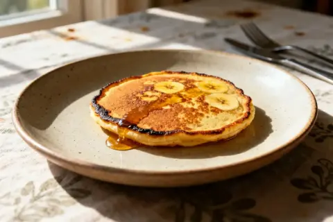 Un délice matinal : des pancakes à la banane dorés, nappés de sirop, sur une assiette en céramique.