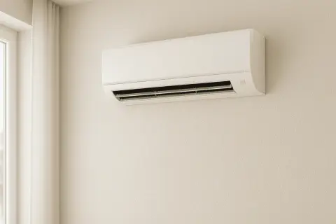 Climatizzatore senza motore, bianco, montato a parete, con tenda chiara e finestra a sinistra.