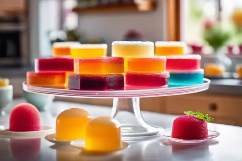 Gourmandises colorées, des gelées aux fruits, certaines en agar agar, présentées sur un plateau.