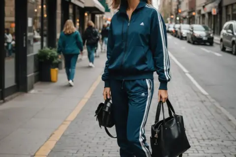 Eleganckie dresy stylizacje na ulicy. Kobieta w granatowym dresie Adidas z białymi paskami, trzymająca dwie czarne torby.
