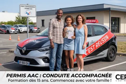 Famille souriante devant une voiture d'auto-école CER, prête pour la conduite accompagnée. La jeune fille tient sa clé et son attestation.