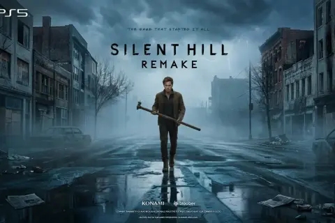 Mroczna ulica w Silent Hill, zniszczone budynki i samochody. W centrum stoi mężczyzna z rurą, zapowiadając Silent Hill 1 remake.