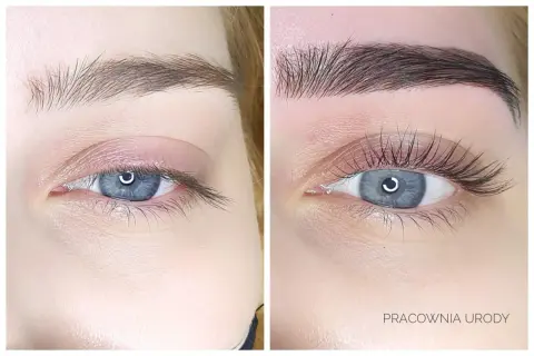 Przed i po: naturalne rzęsy po zabiegu laminacji. Efekt uniesienia i podkreślenia spojrzenia.