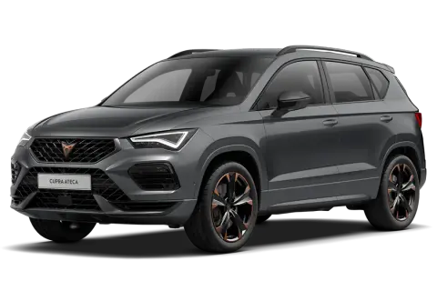 Szary Cupra Ateca, sportowy SUV z charakterystycznym logo i felgami z miedzianymi akcentami, gotowy na każdą drogę.