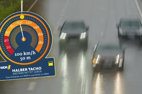 Tacho-Anzeige zeigt 100 km/h bei 50 m Abstand. Kampagne "Halber Tacho" mahnt zu mehr Sicherheitsabstand auf nasser Fahrbahn.